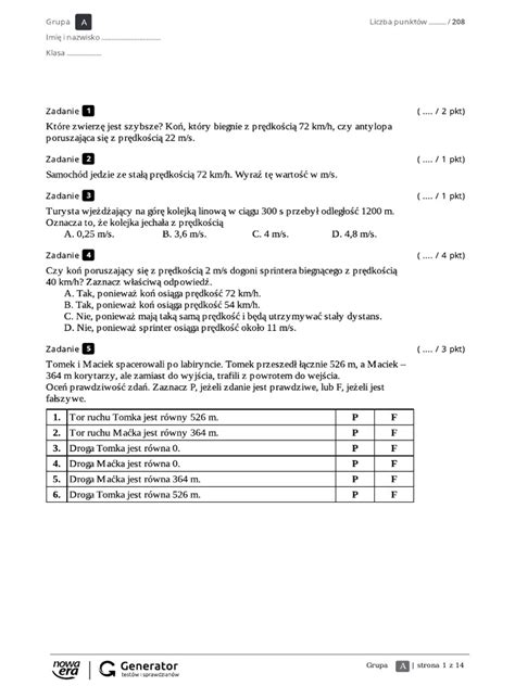 Kinematyka Sprawdzian Klasa 7 Odpowiedzi Pdf Test Sprawdzajacy 4 Kinematyka Klucz Odpowiedzi | PDF